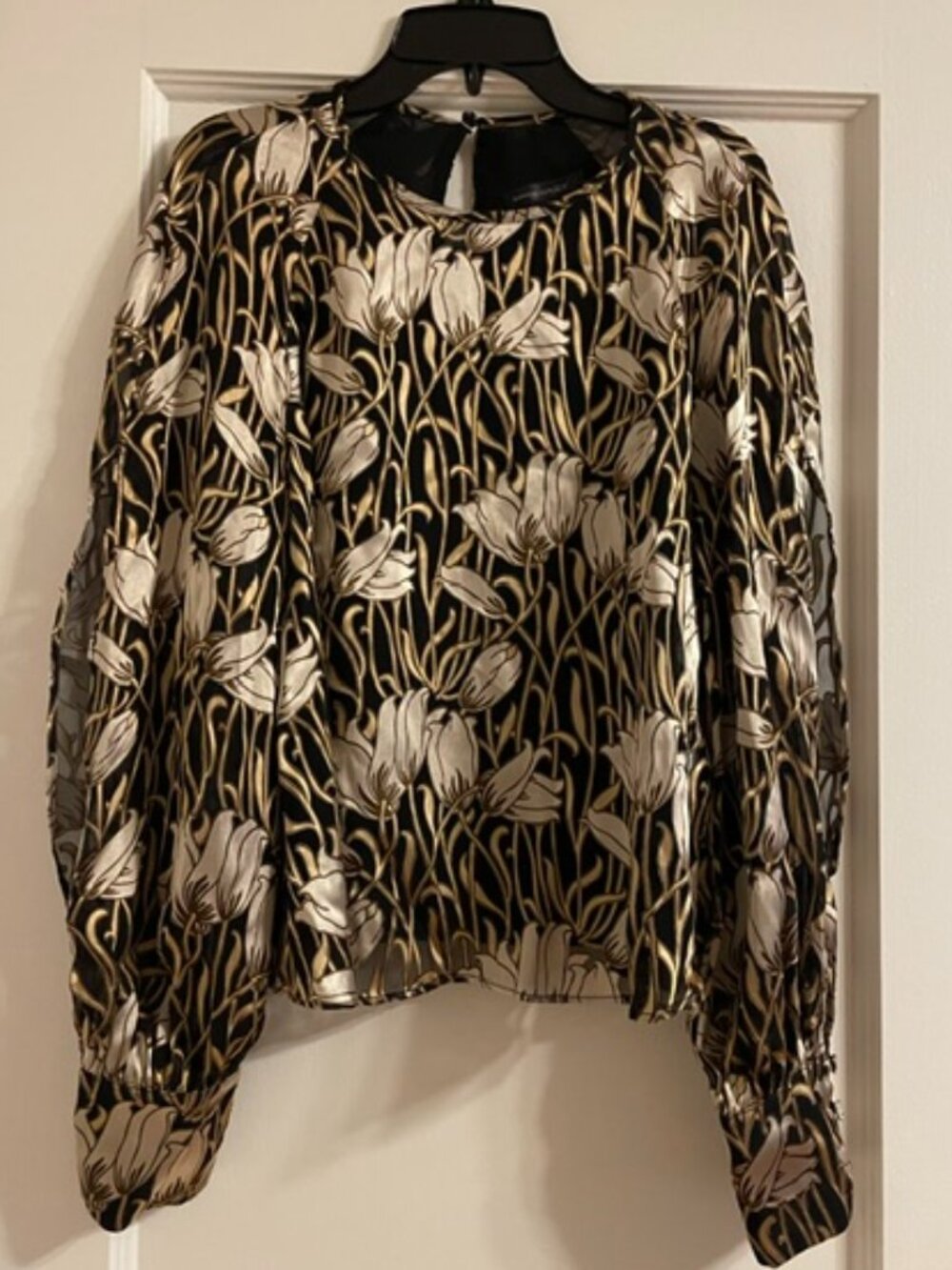 BANANA REPUBLIC Verona Split-Sleeve Blouse Gold Black Floral Small